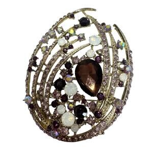 Gold Tone Purple And White Rhinestone Tear Drop Brooch Costume Jewelry